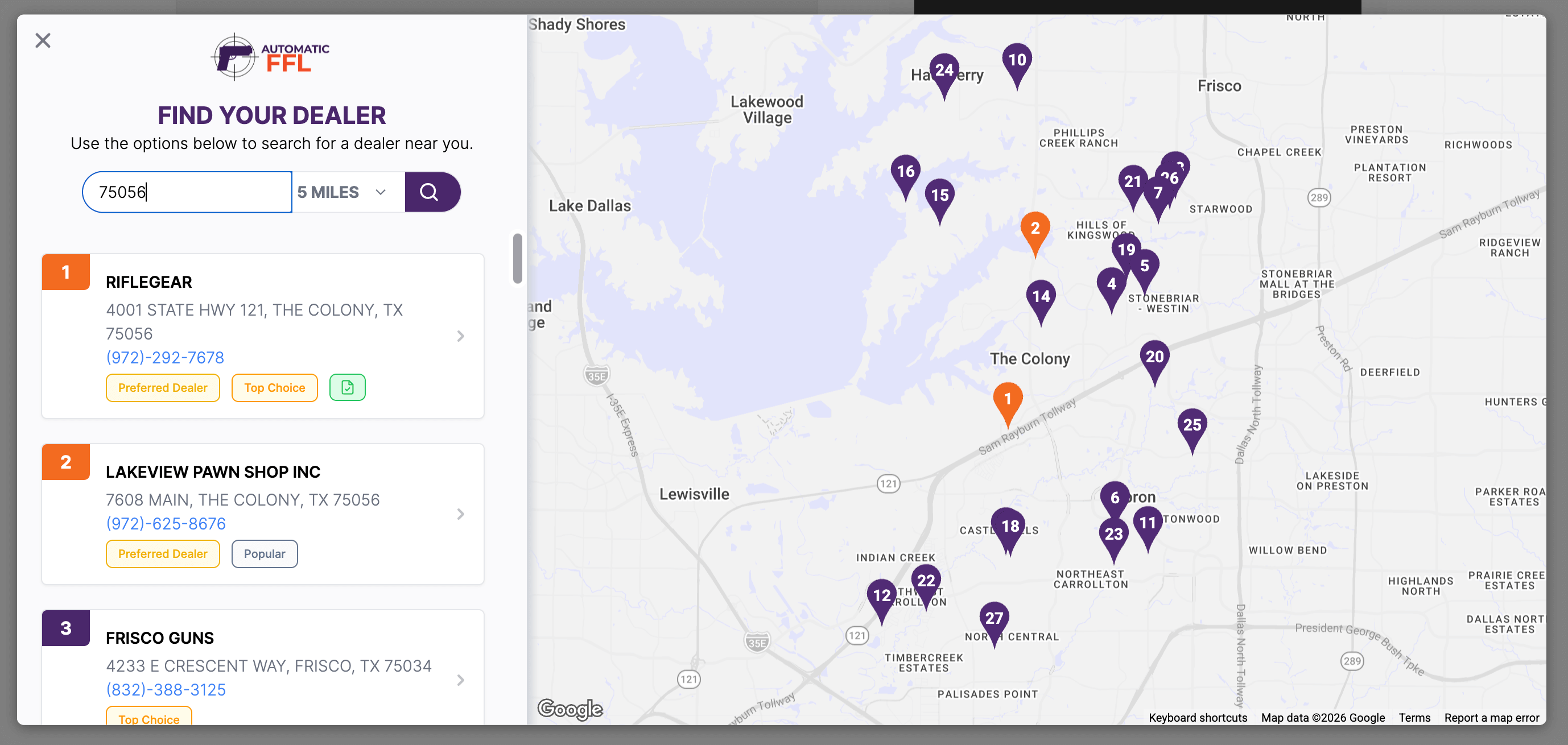 Automatic FFL Locator map.