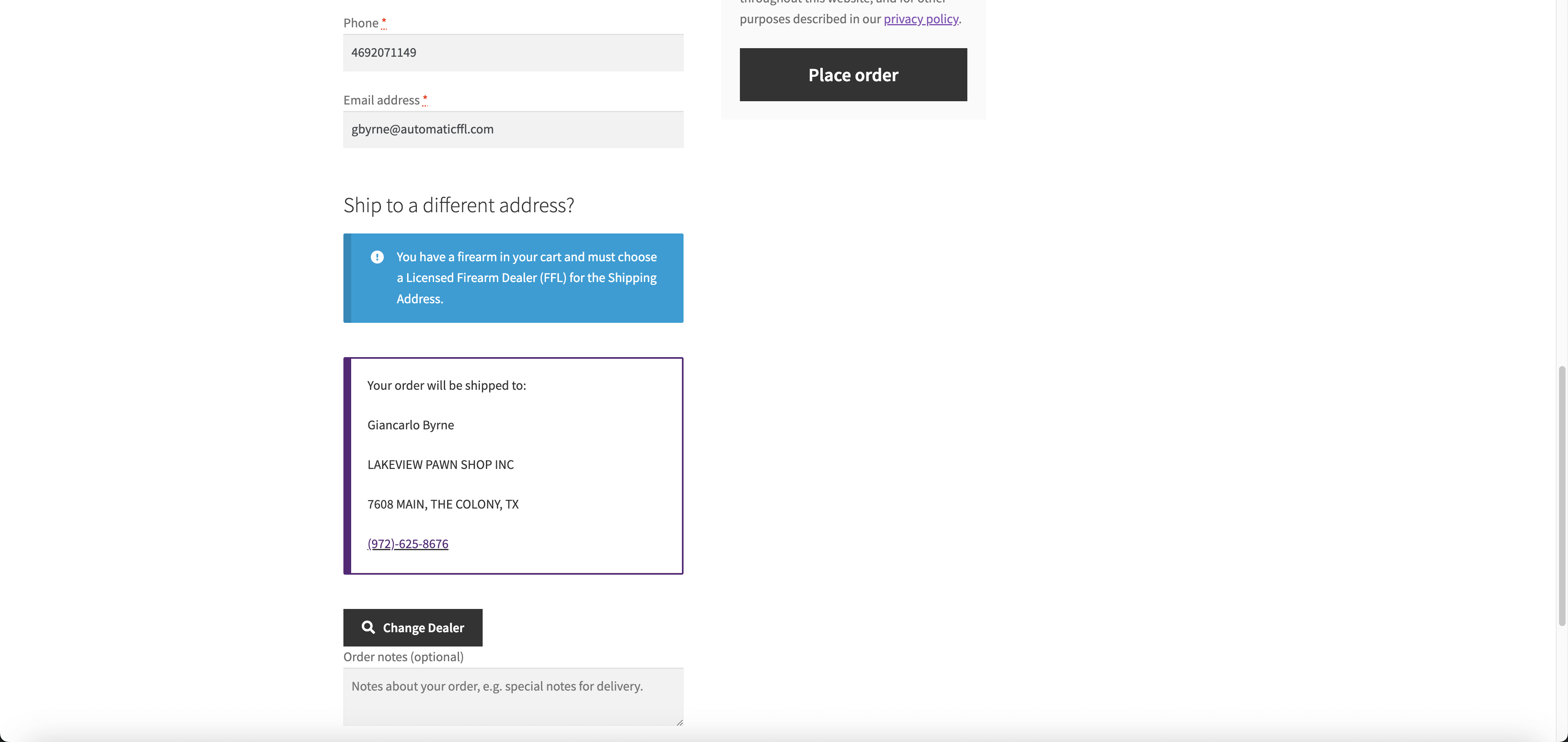 Automatic FFL address selected.
