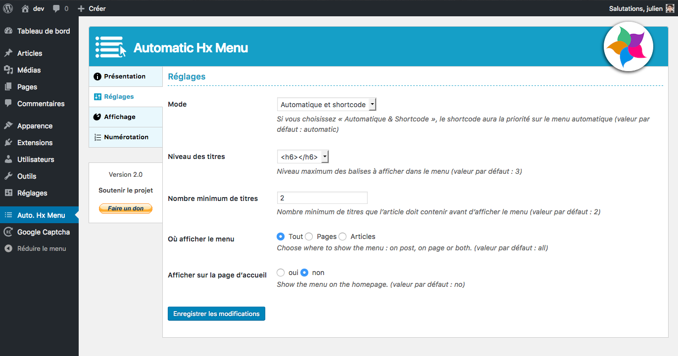 Params of the plugin : main settings