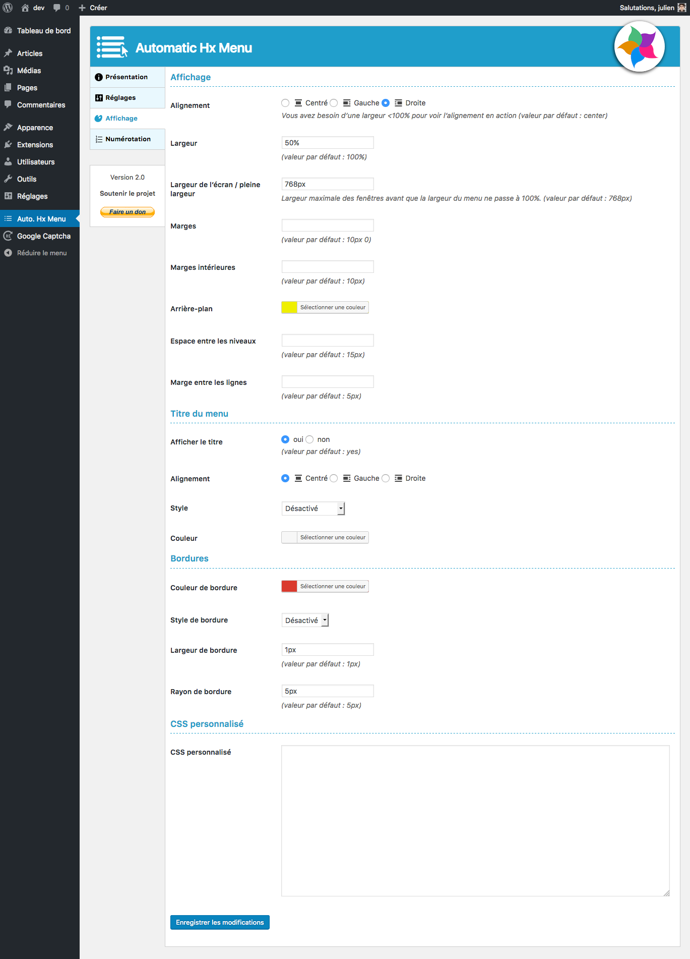 Params of the plugin : display