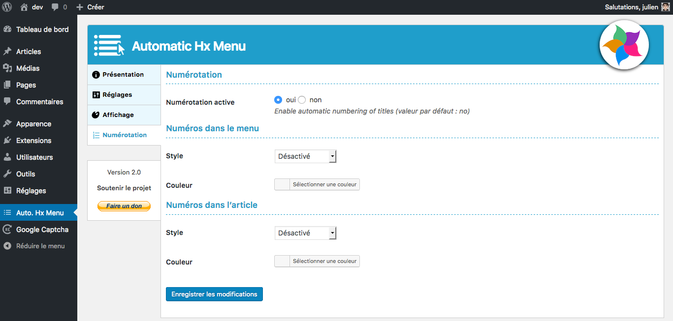 Params of the plugin : numbering