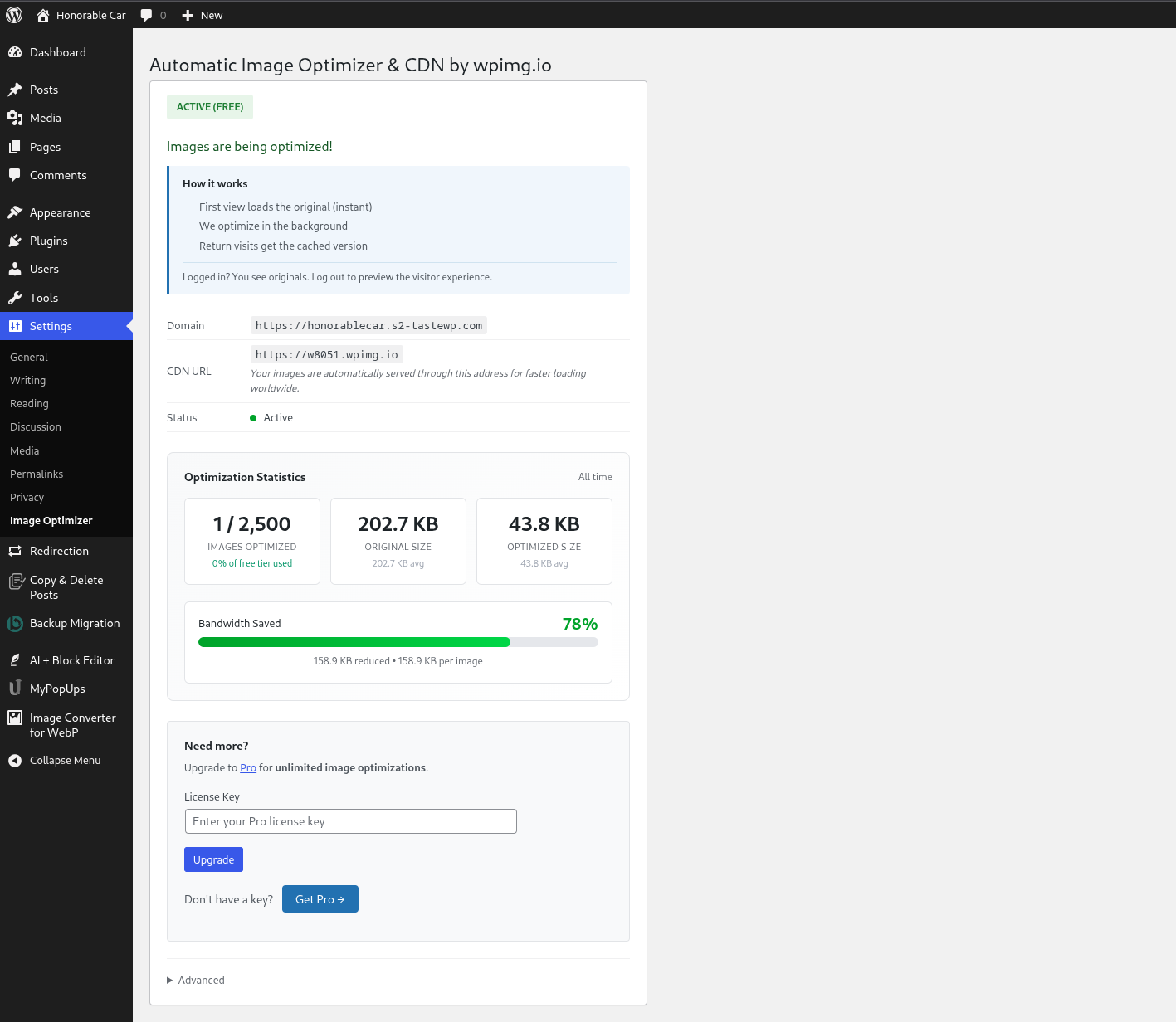 Dashboard showing optimization statistics