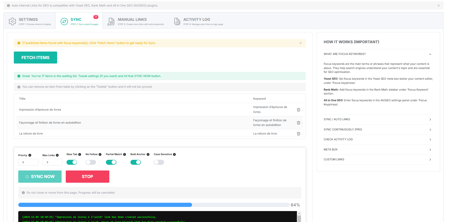 Activity log and settings