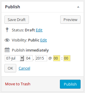 Post editor's Publish module with custom time "00:00" filled in by the plugin