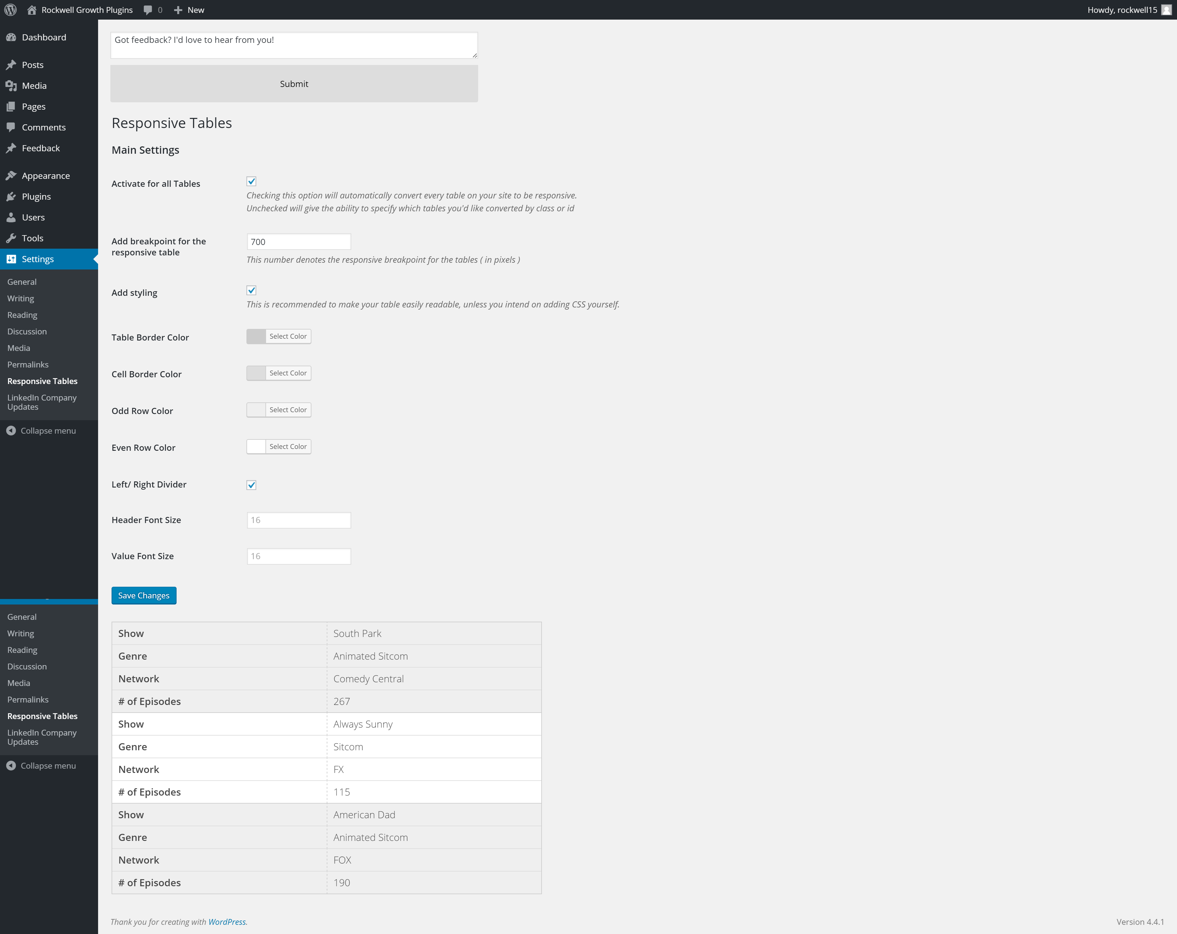 Screenshot of the admin area for the plugin