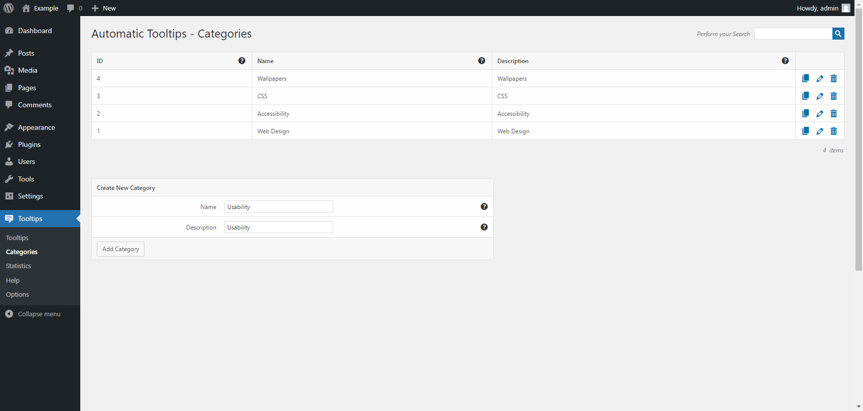 Categories menu