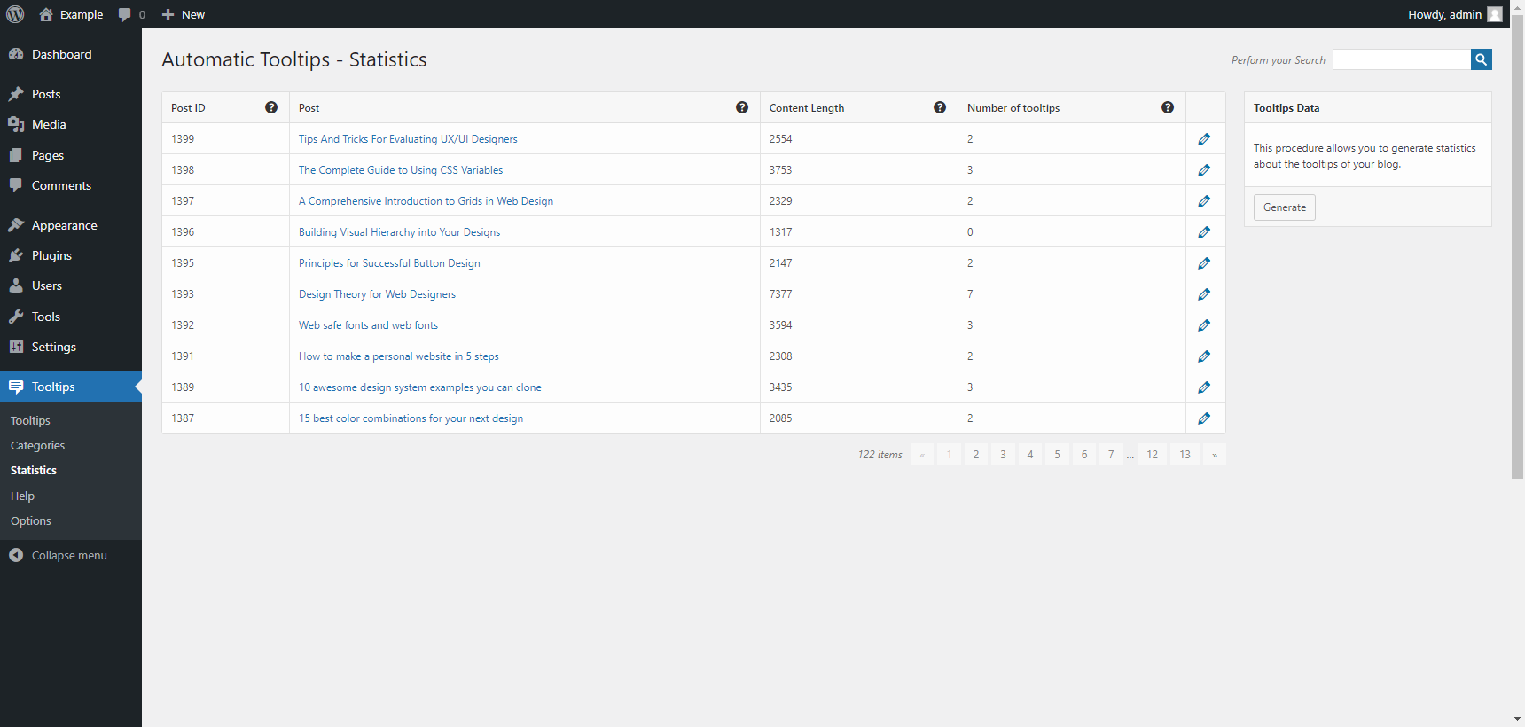 Statistics menu