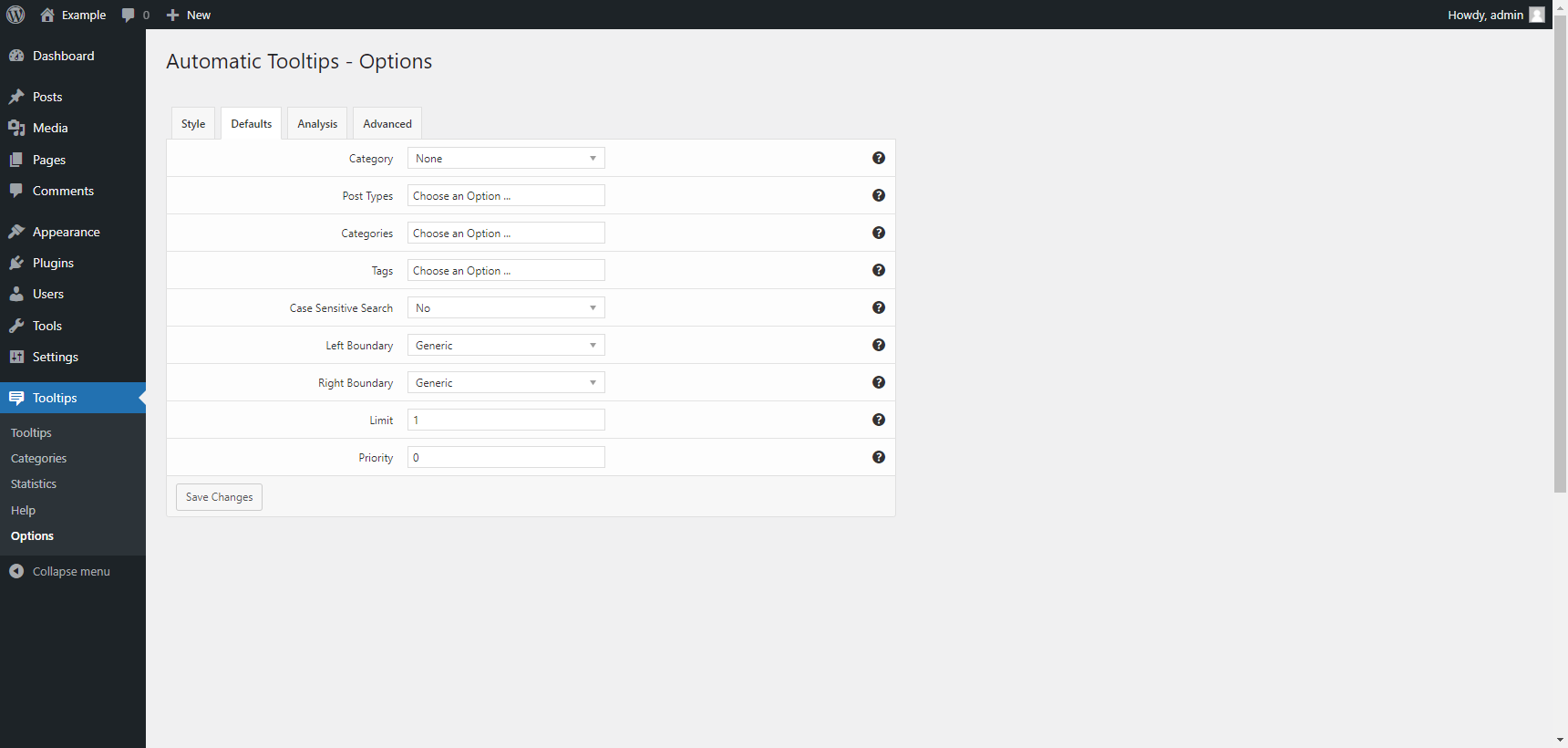 Options menu in the "Defaults" tab