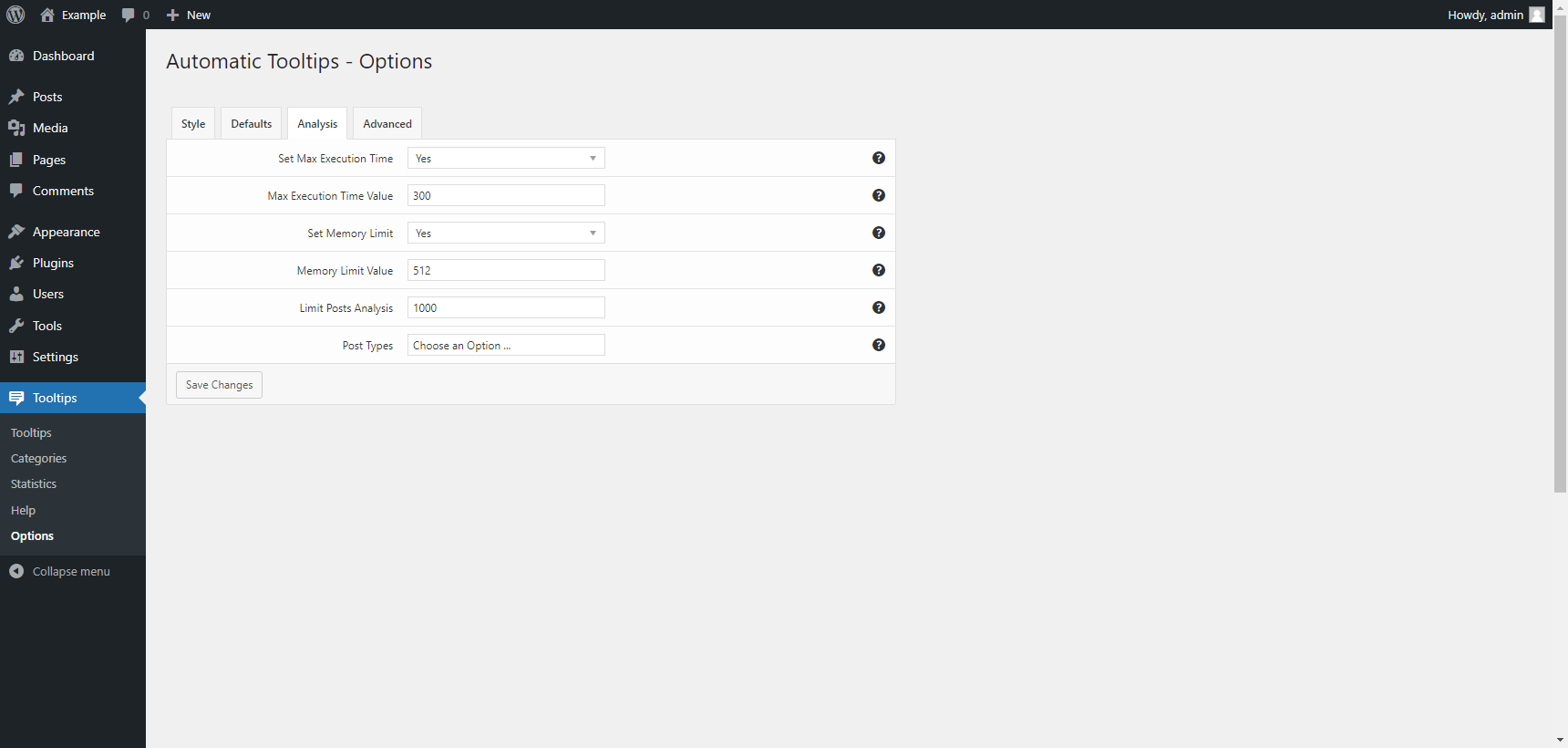 Options menu in the "Analysis" tab
