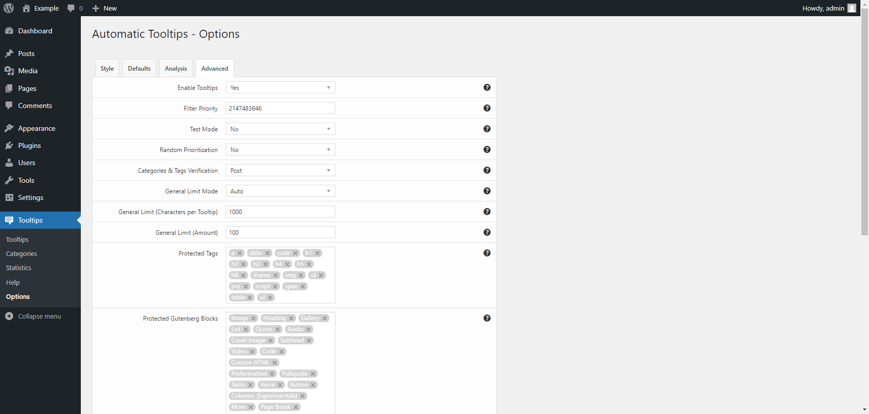 Options menu in the "Advanced" tab