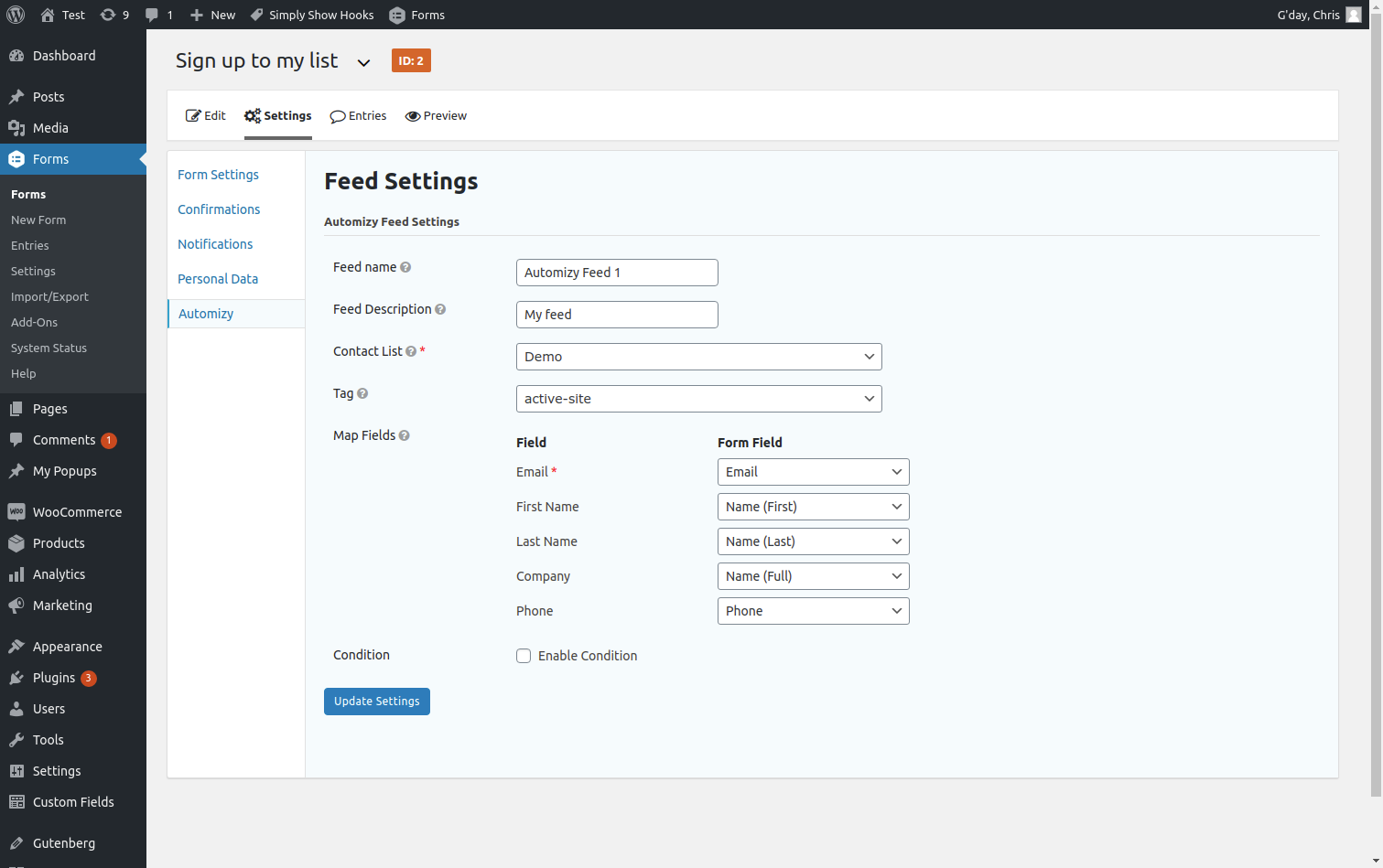 Feed Settings where you configure your feed and map Gravity Forms fields to Automizy contact fields.