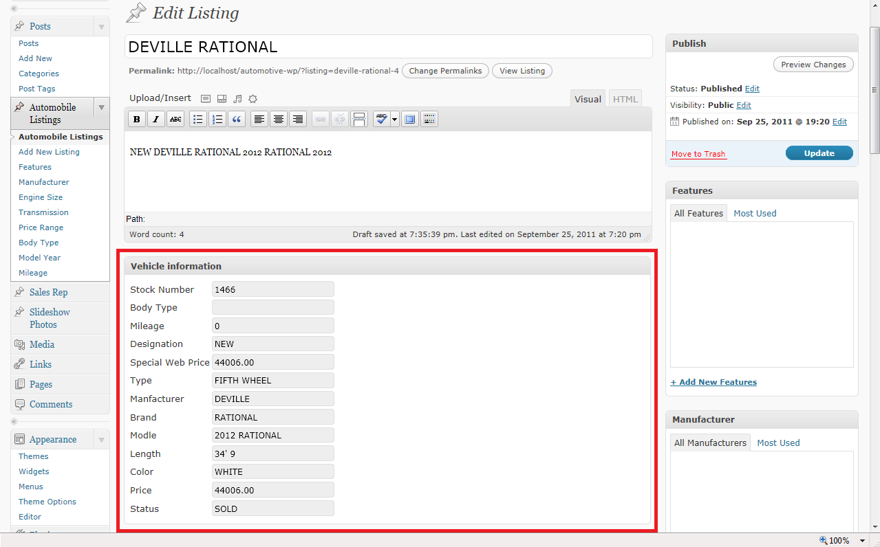 Fields added in Admin section of custom post type of Automobile Listing after import from XML feed.