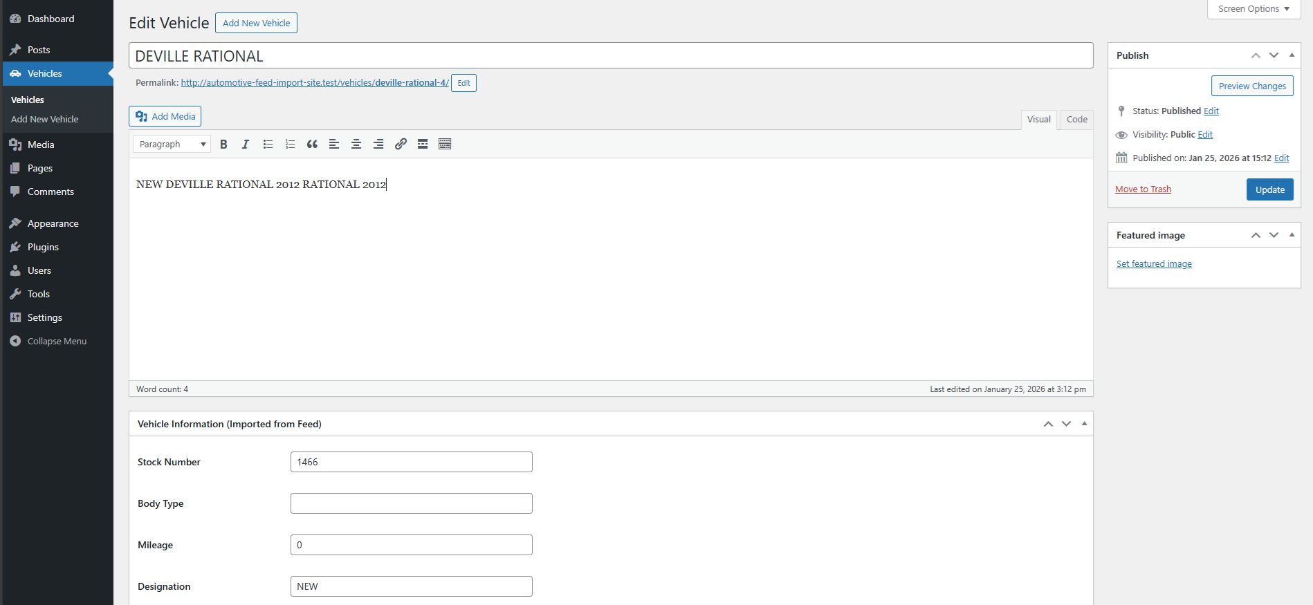 Vehicle edit screen showing imported and editable fields