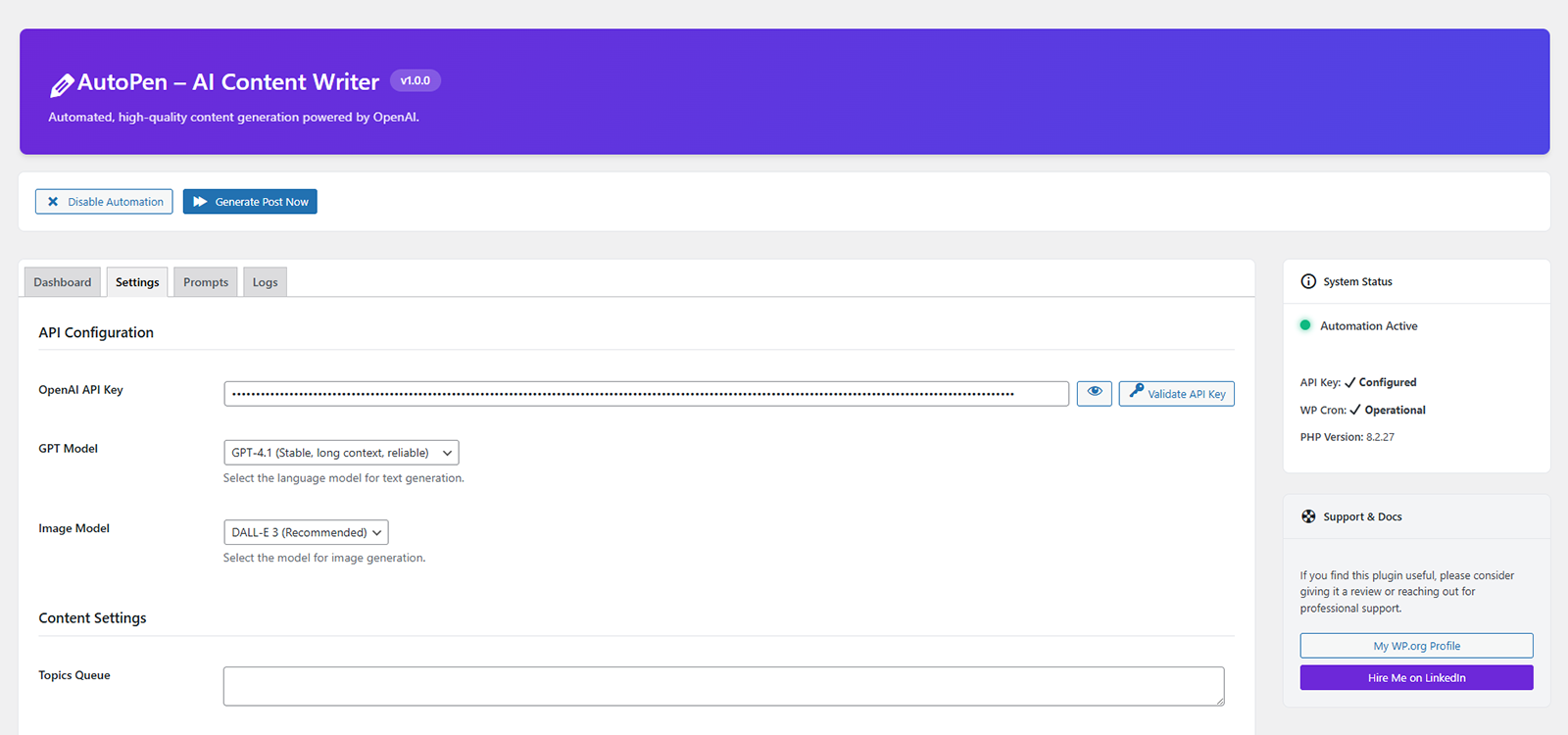 **Settings Panel**: Configuration options for API keys, content defaults, and automation frequency.