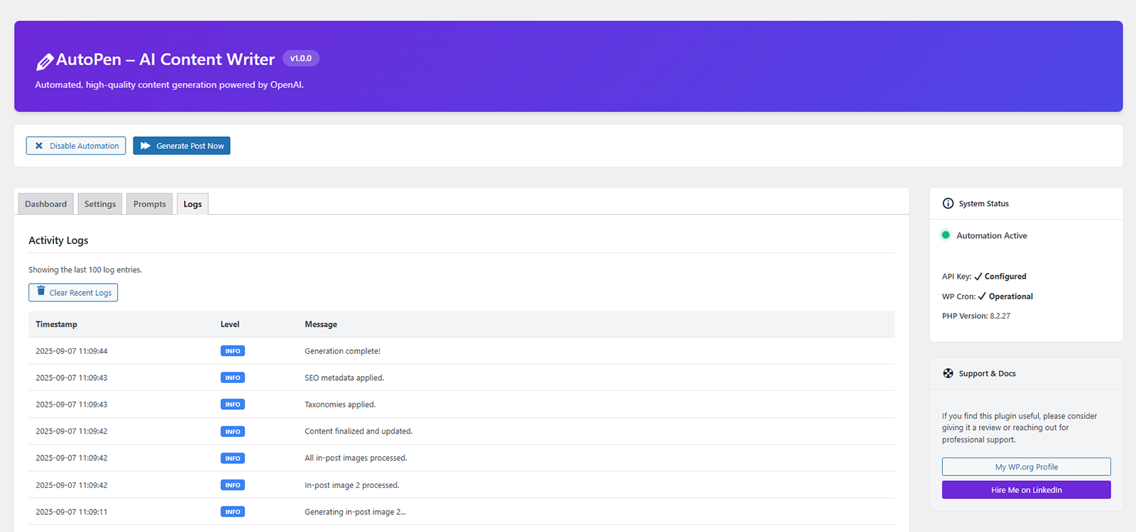 **Logs Viewer**: The activity log for monitoring generation tasks and debugging issues.