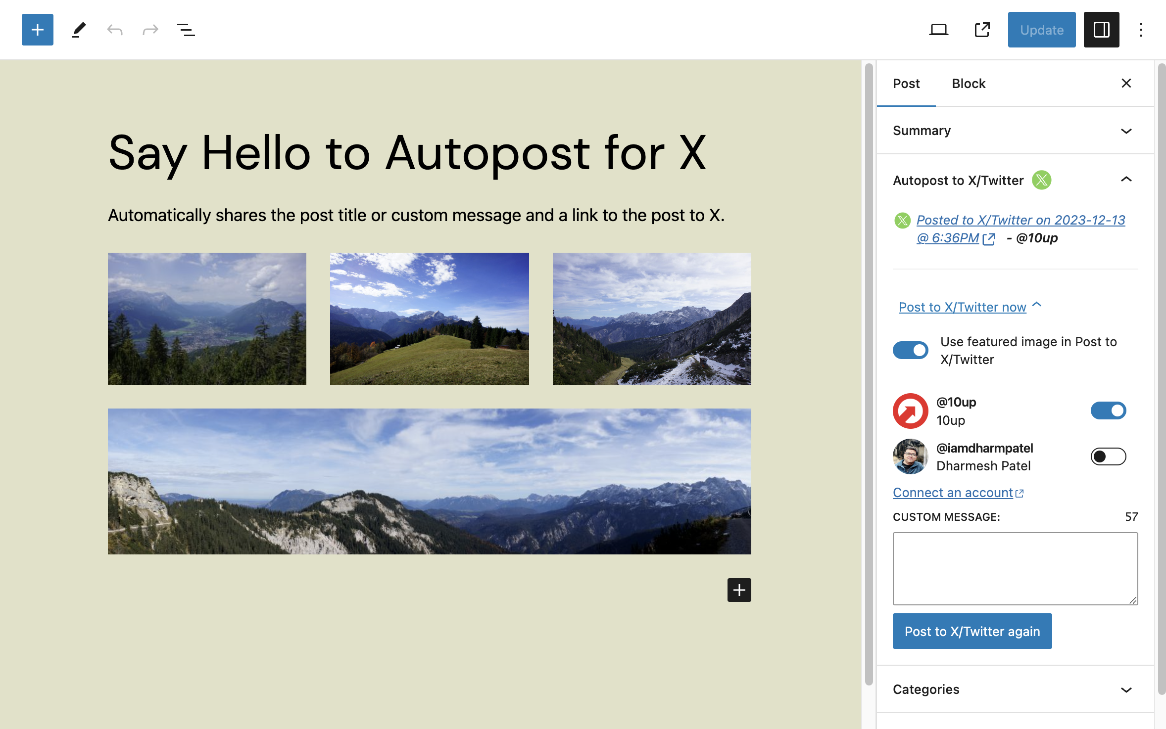 Published post screen with Autopost for X/Twitter options.
