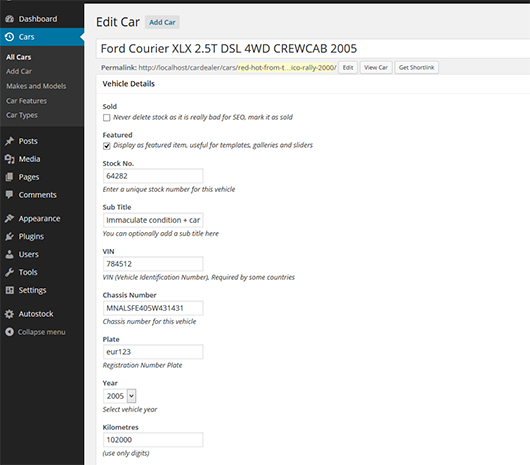 Add new car just like any other post/page. Enter in the vehicle details which can be displayed via your theme.