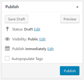 A checkbox to "autopopulate tags" will appear on the Post page in admin, above the Update/Publish button.
