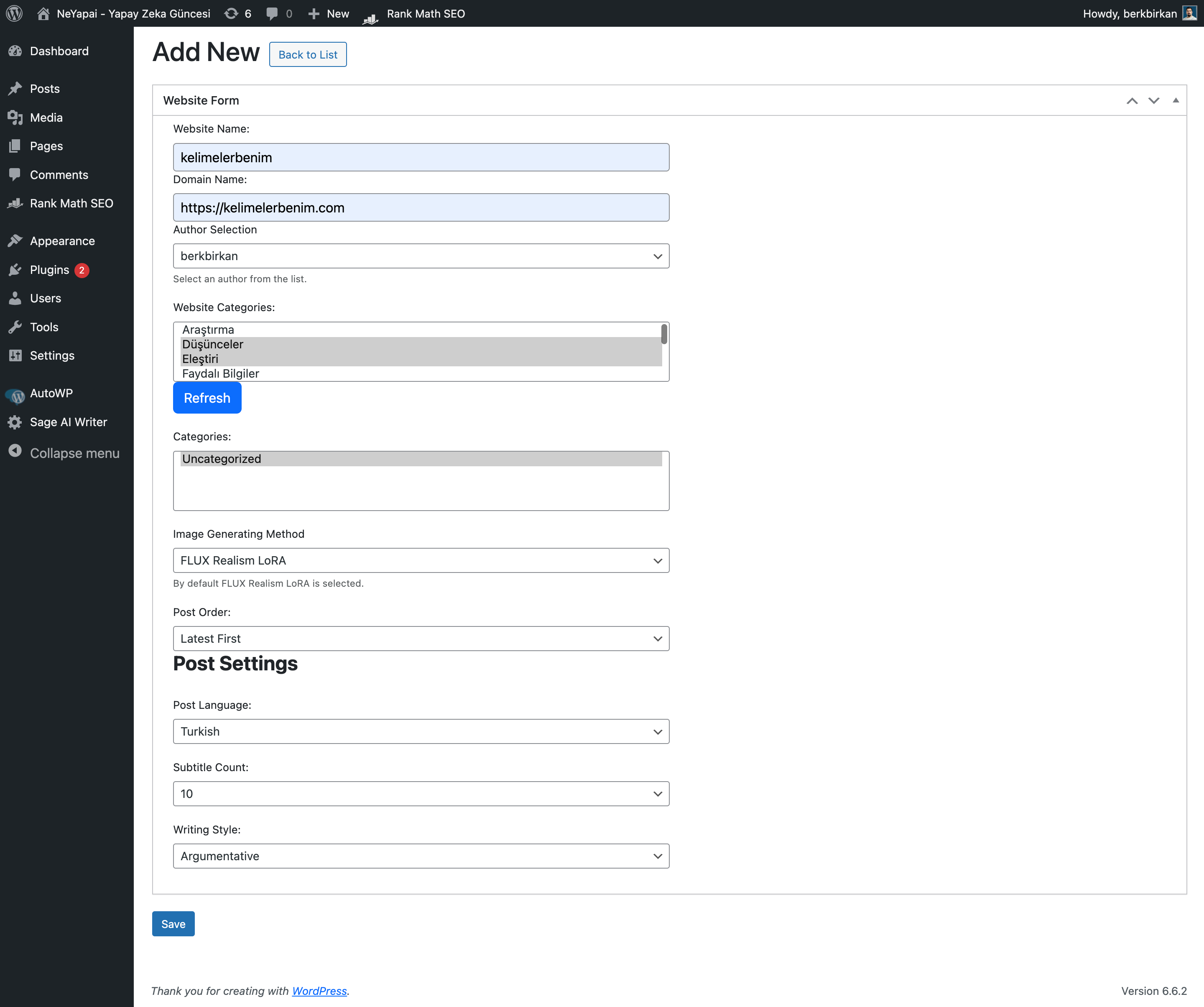 Form for adding new content with specific parameters.