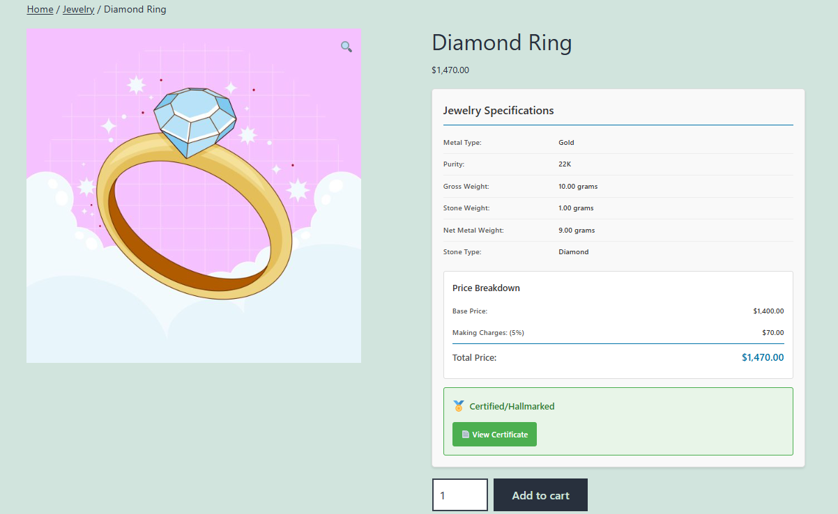 **Product Page Showing Jewelry Information**\