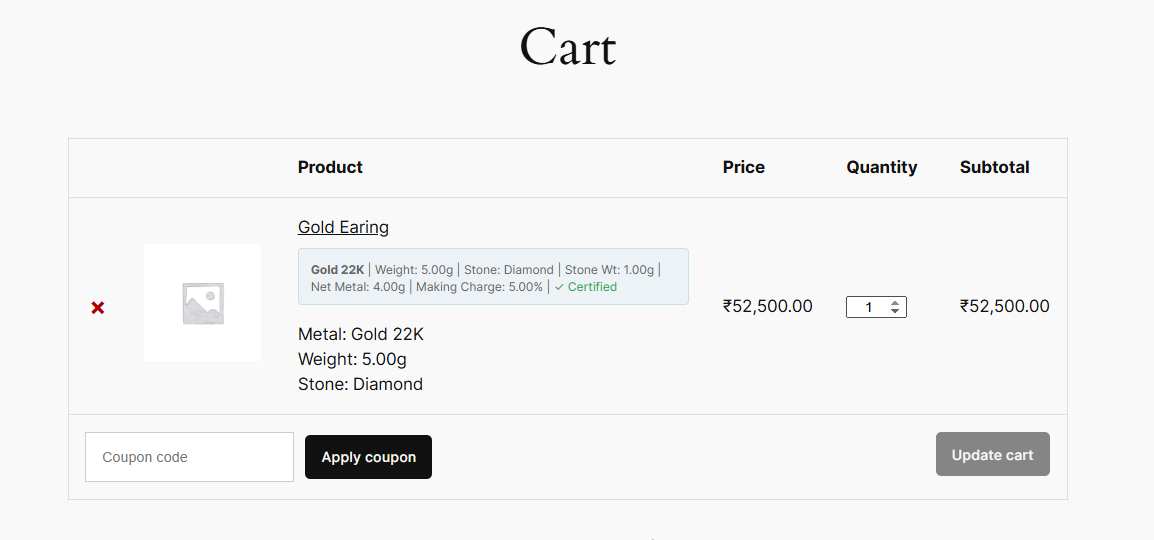 **Cart Page Showing Jewelry Information**\