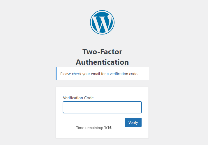 The 2FA verification screen that prompts the user for their code, complete with a countdown timer.