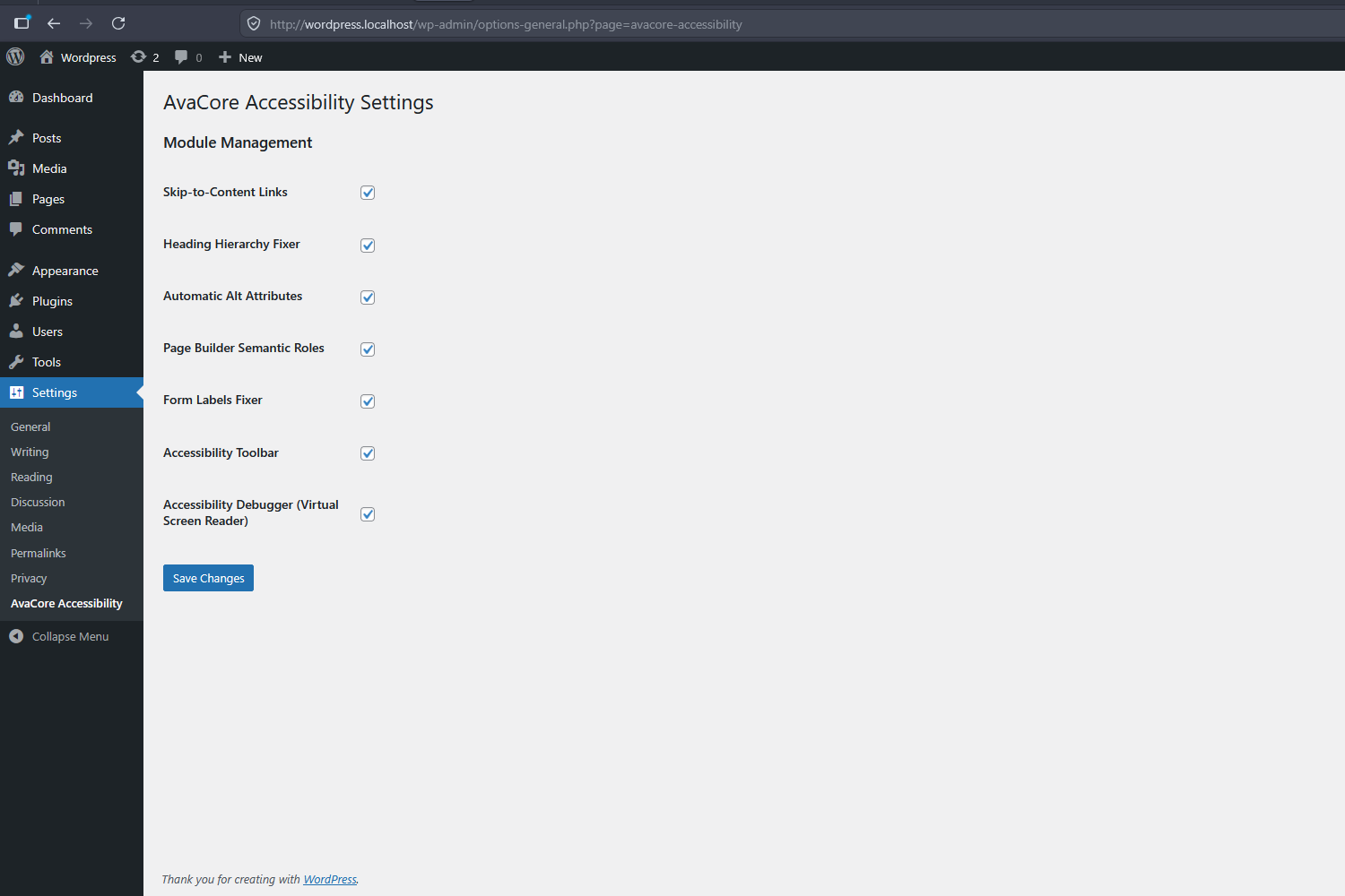 AvaCore Settings page with module management.