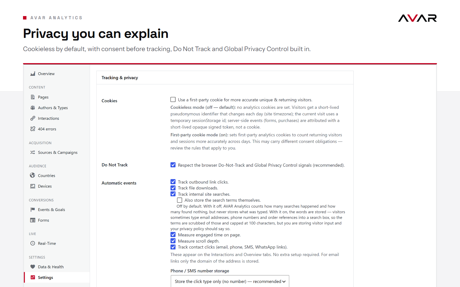 Privacy settings: cookieless by default, consent before tracking, Do Not Track and Global Privacy Control.