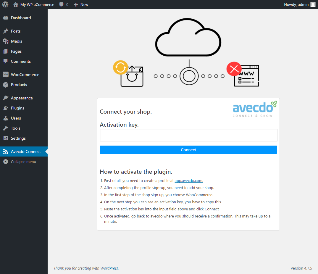 This screenshot shows the activation form, where you insert your keys to connect the plugin to avecdo.