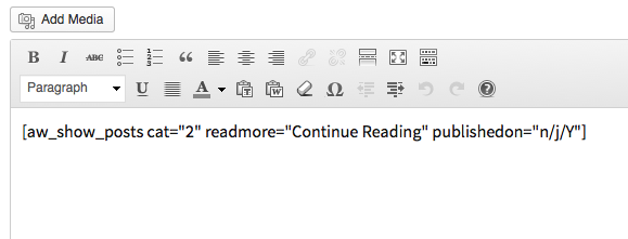 This screenshot is of the shortcode needed to display the yearly category archives.  Place this shortcode where you would like to display your yearly archived posts.