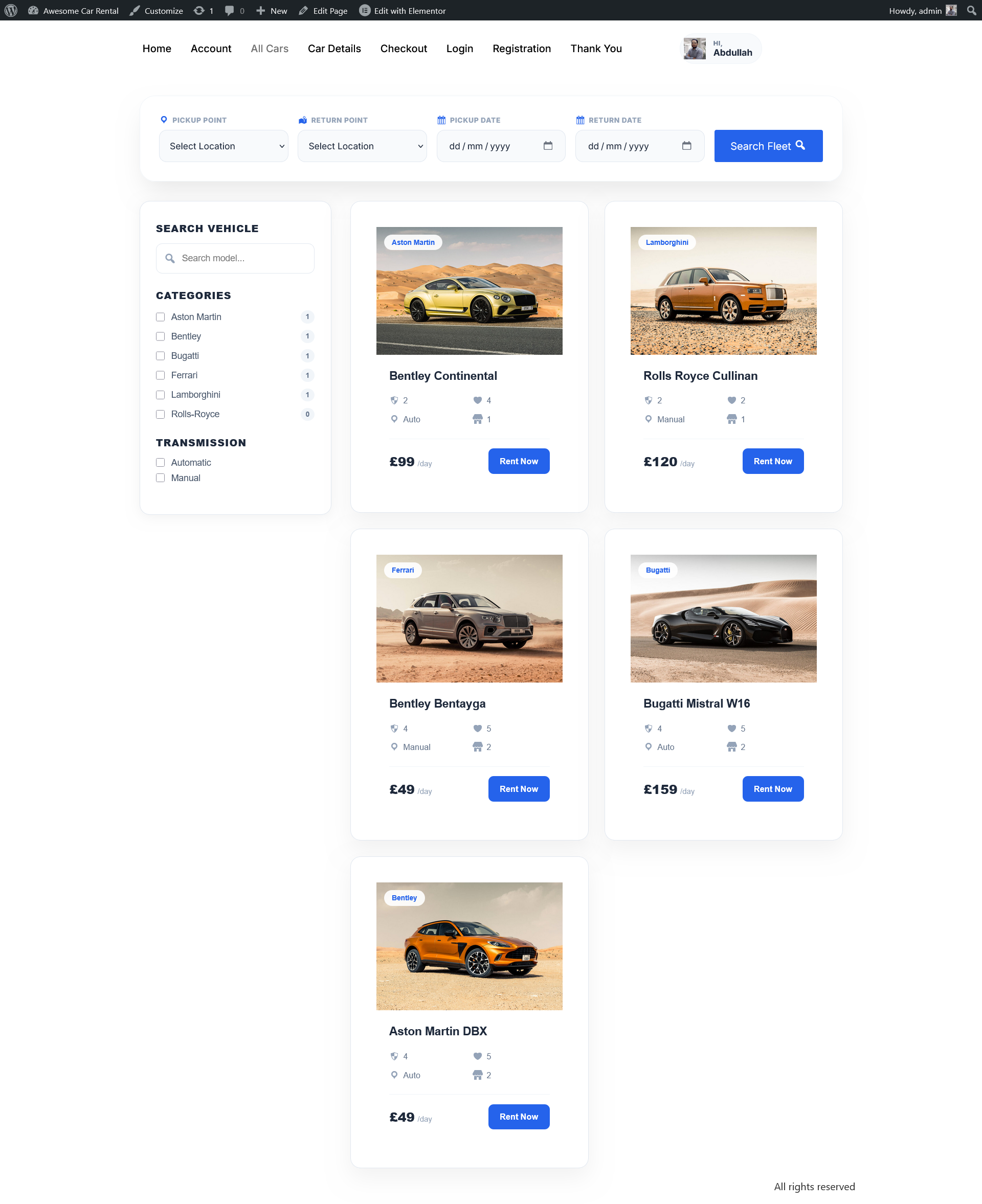 **Cars: Fleet Inventory & Add/Edit Car** - The advanced vehicle manager where you control technical specifications, high-res galleries, and NYC pickup locations.