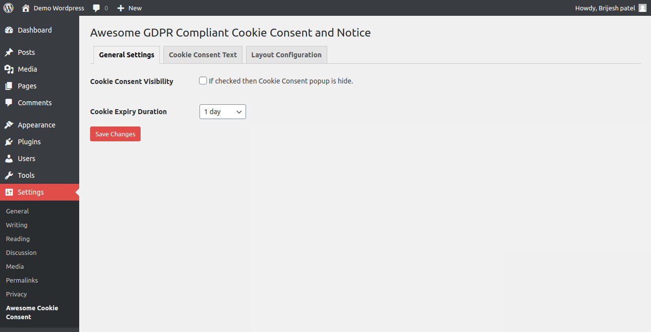 General settings for plugin like cookie visibility, expiry duration.