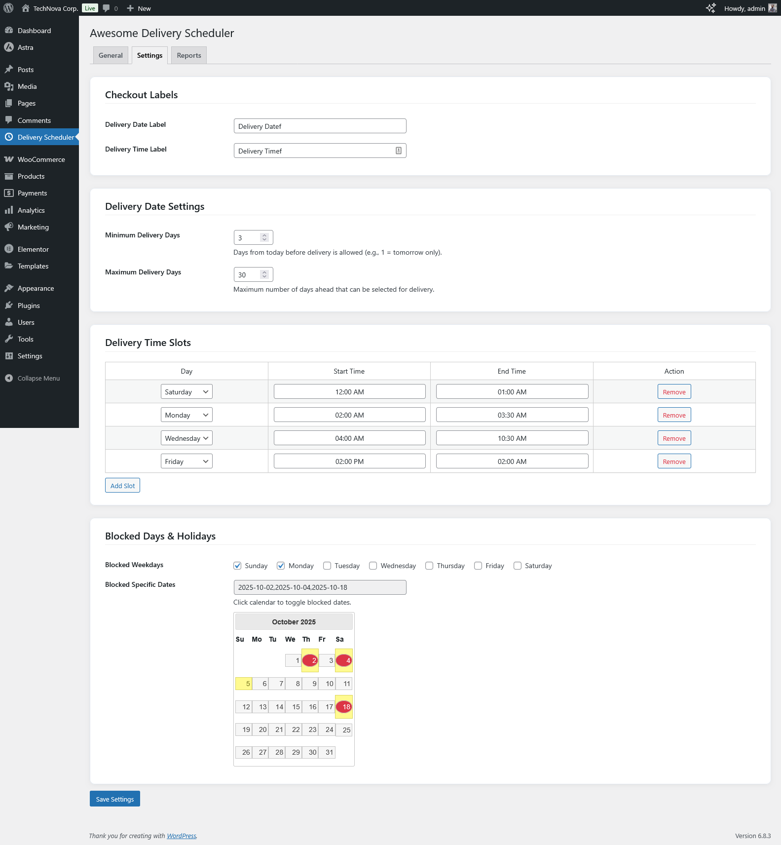 **Settings Tab** – Configure labels, lead times, and blocked days.