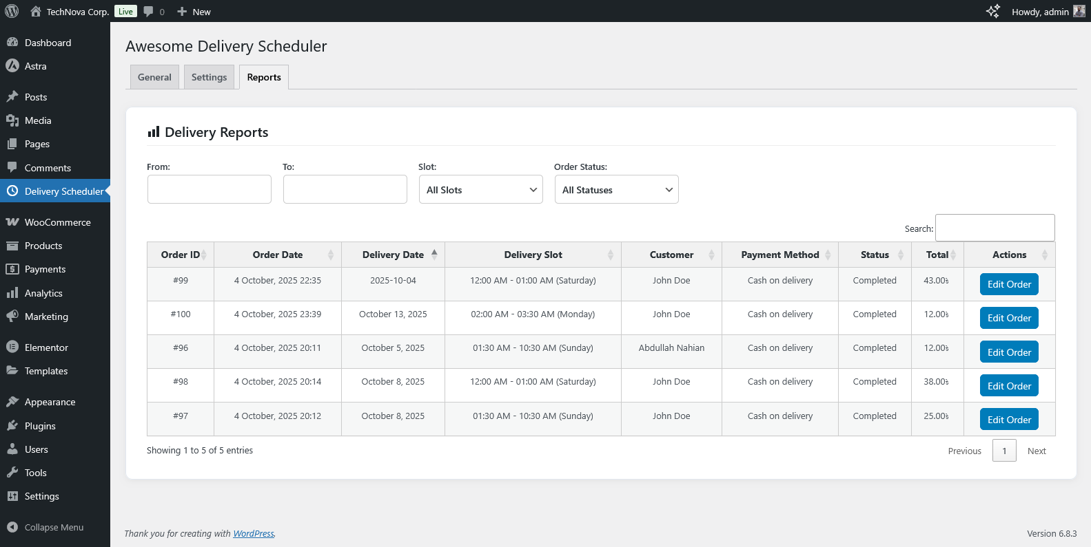 **Report Tab** – View orders with selected delivery slots.