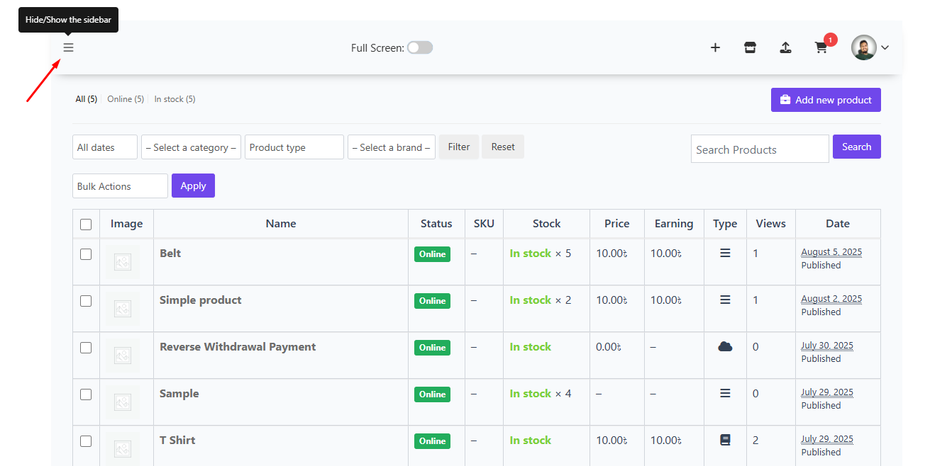 Hide/show sidebar navigation.