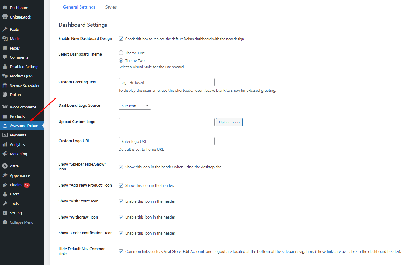 Settings panel.