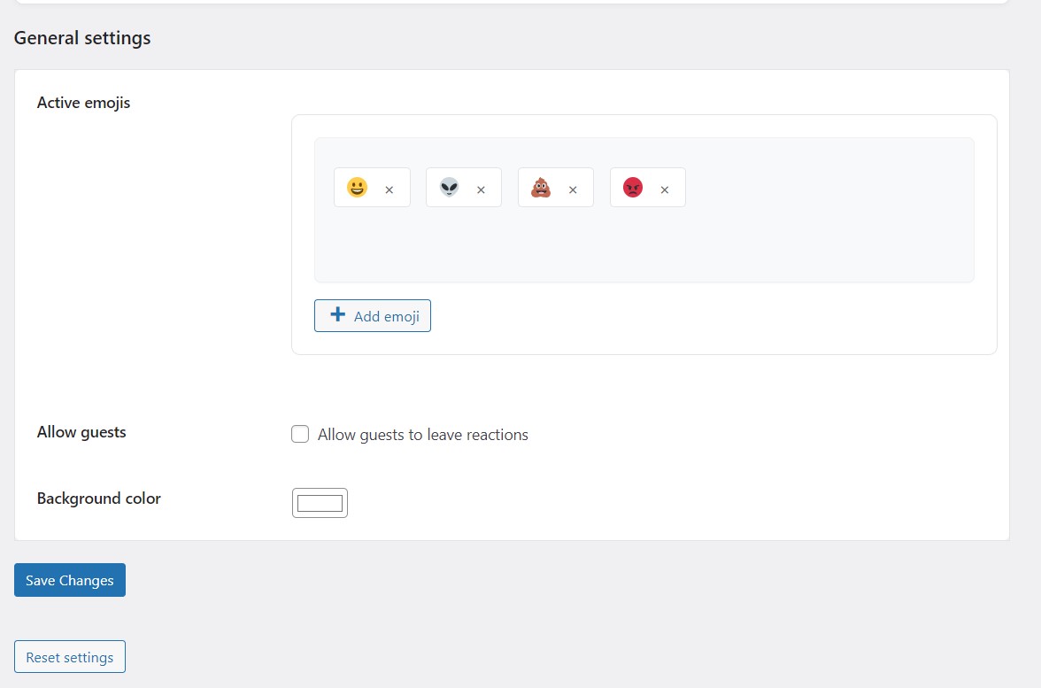 Awesome Emoji Reactions Admin settings panel