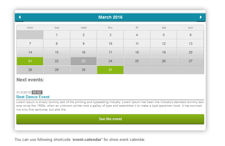 Event calendar with description
