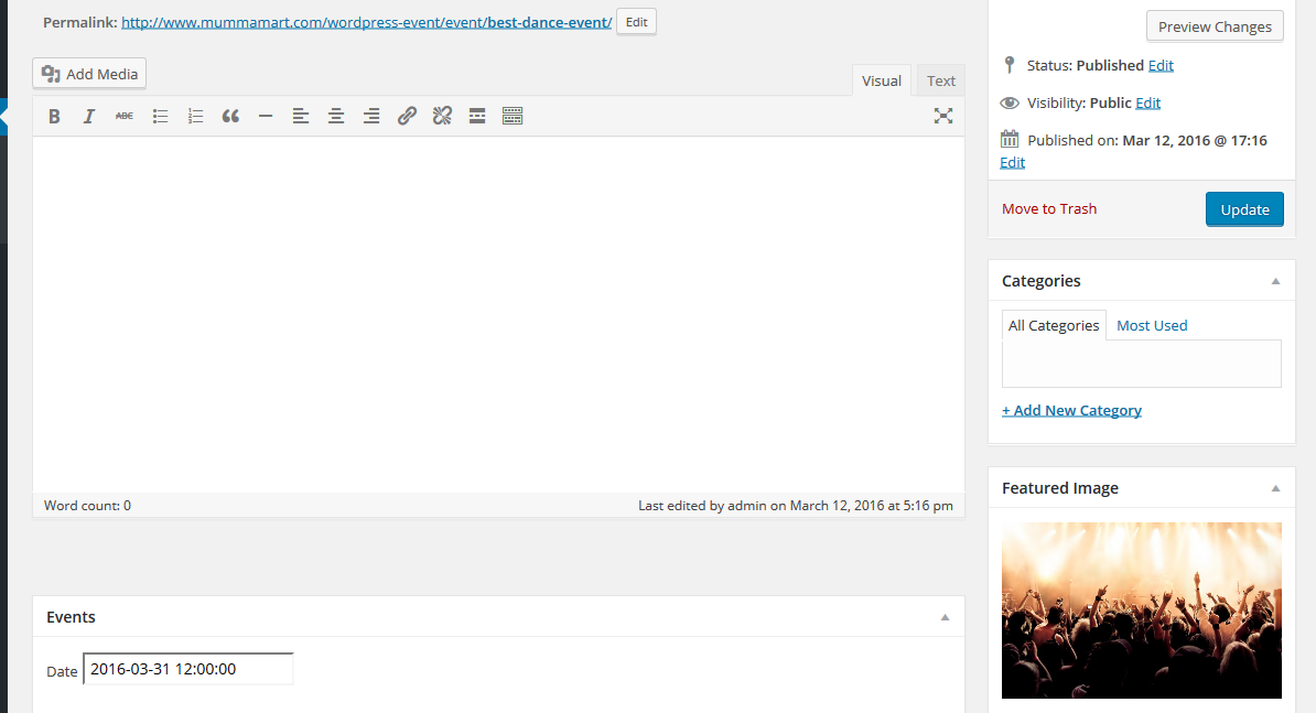 Backend view of Event calendar
