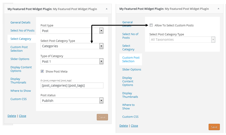 Screen Settings - select posts according to category, tag or taxonomy.