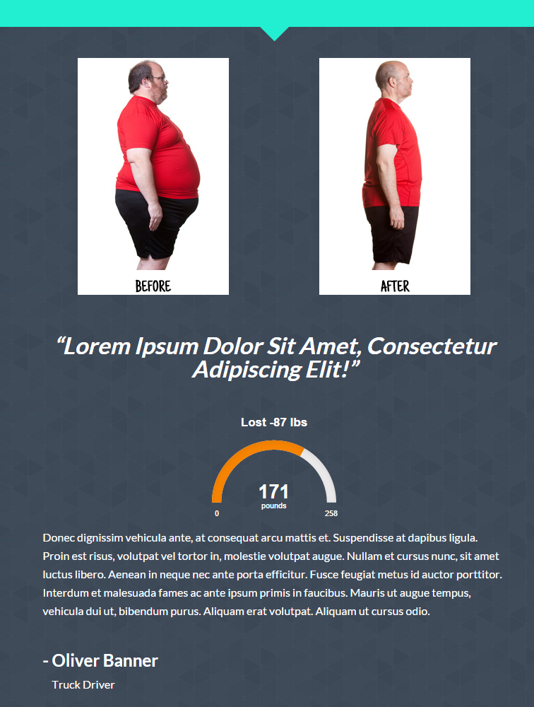 Simple Showcase Example 1: body transformation testimonial embeded within a full-width page.