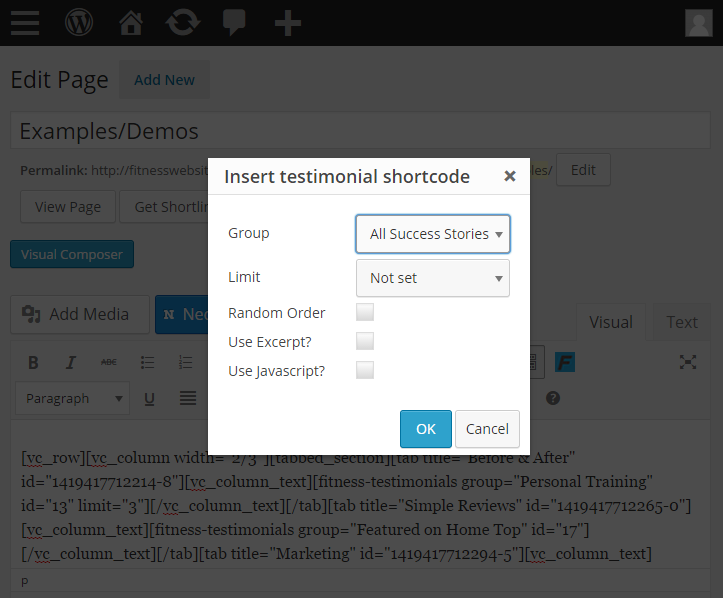 Admin Exmaple 2: Inserting testimonials - Click on the blue tool icon in the WordPress visual editor to embed a shortcode (within posts, pages, and widgets).