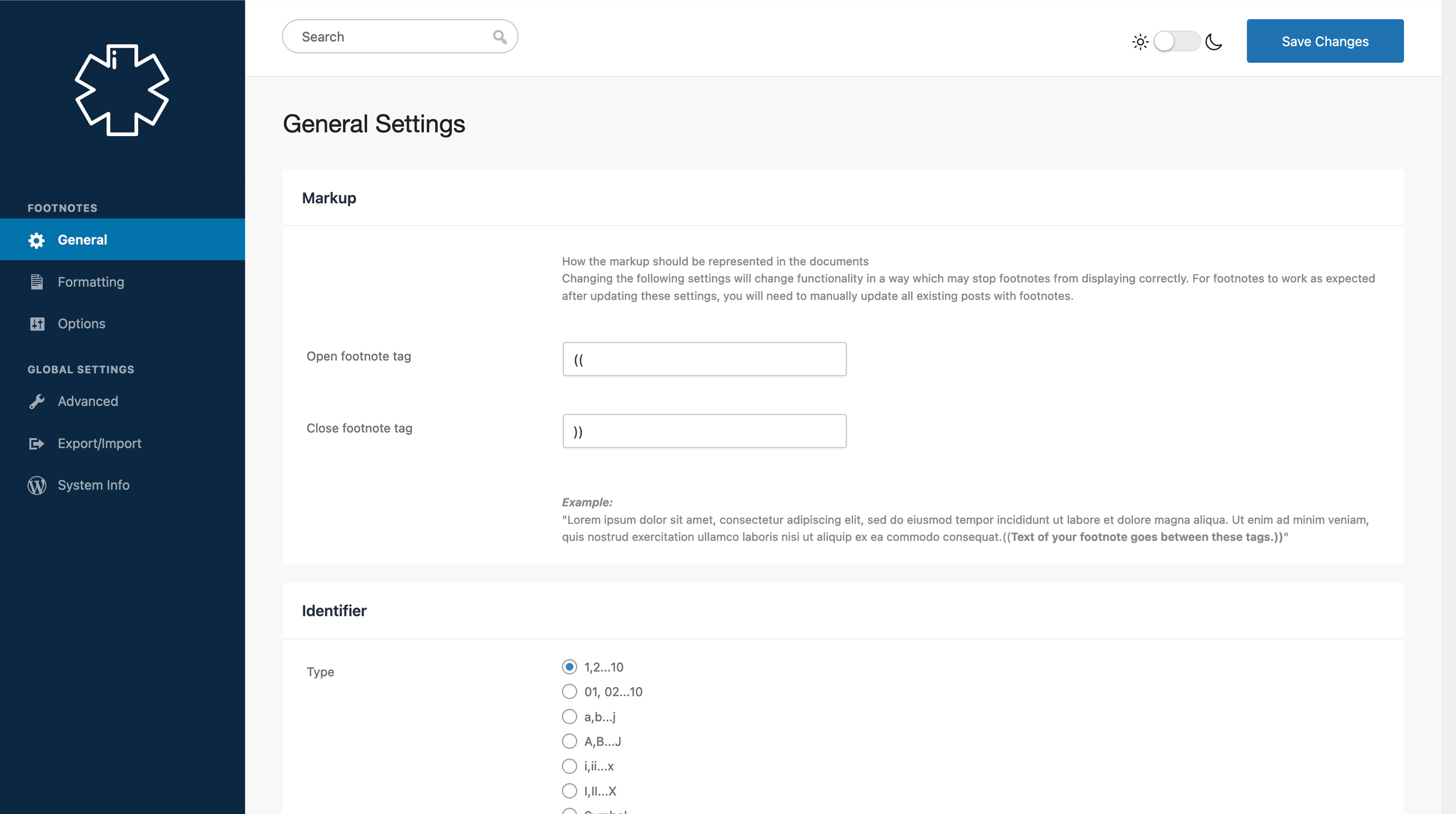 The settings screen with advanced settings shown
