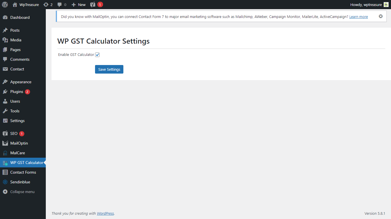 Admin Settings Page