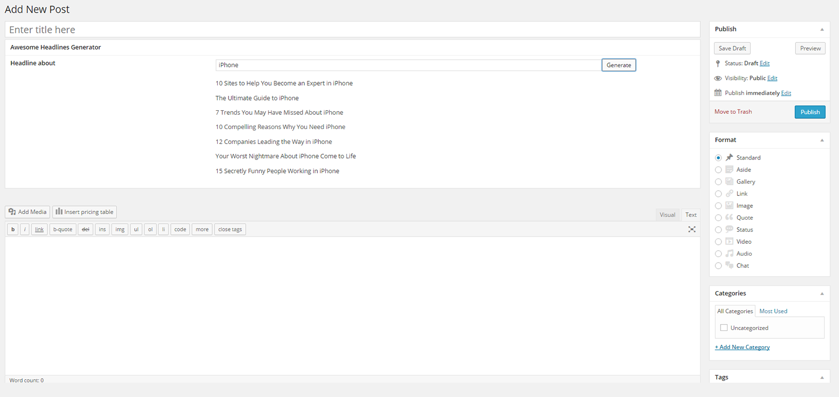 Awesome Headlines Generator Admin Screen in Action