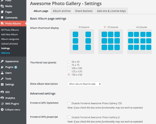 Manage the settings of all photo albums