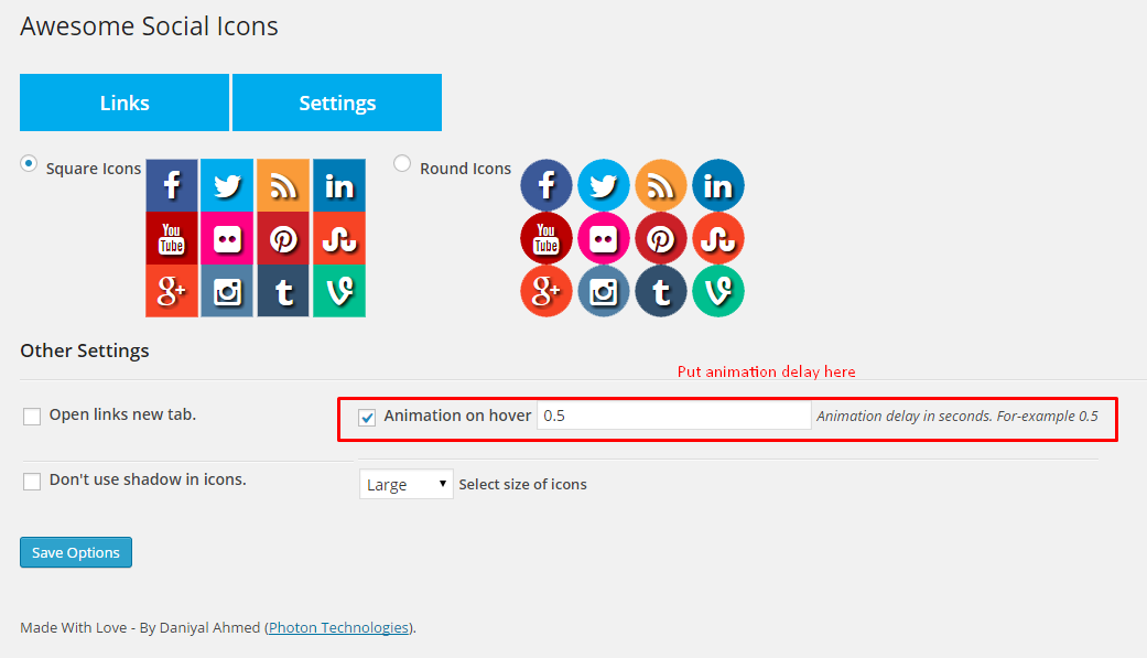 Add on hover animation on icons. Put a number to make delay in animations. Like (0.5)