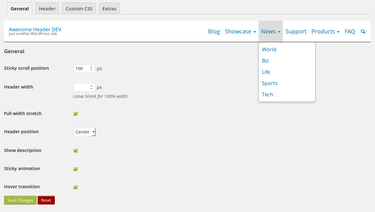 Header look after plugin activation, under Appearance -> Awesome Header