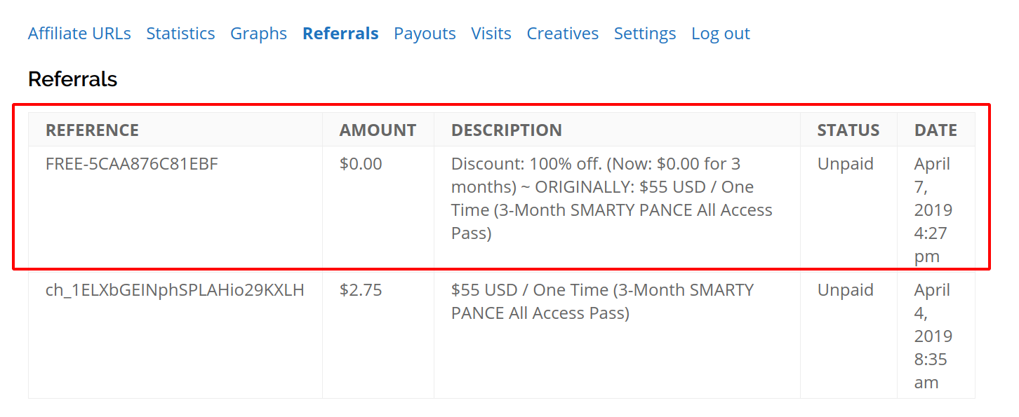 Affiliate View of tracked referral