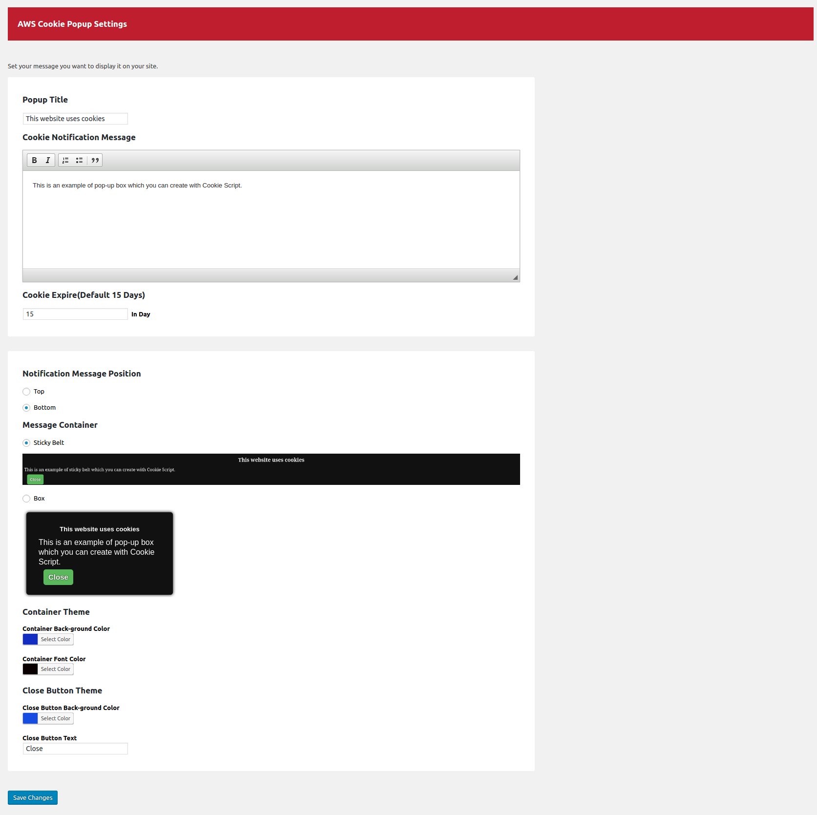 Cookie Popup Settings